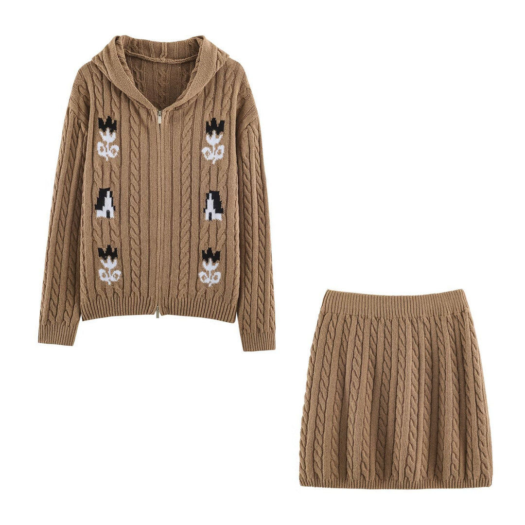 Damen Zweiteiliges Strick-Set mit Zipper-Kapuzenjacke und kurzem Zopfmuster-Rock Shop Nory