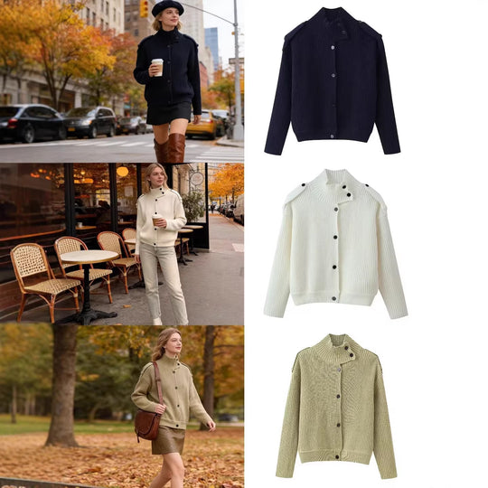 Damen Strukturstrick-Cardigan mit Stehkragen, Knopfleiste und Schulterpatten Shop Nory