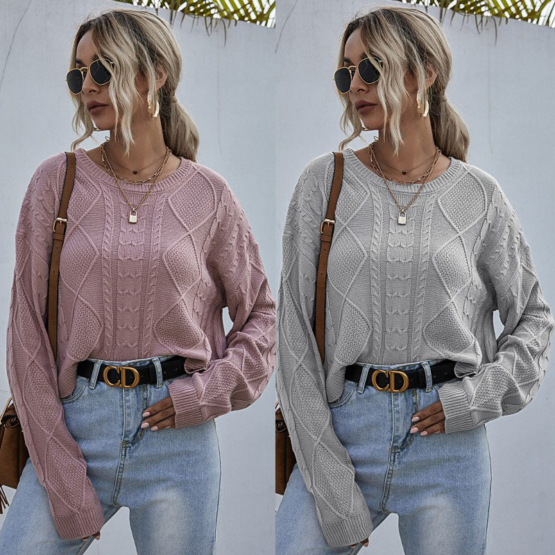 Damen Lässiger Oversize-Strickpullover mit geometrischem Zopfmuster und tiefen Ärmelabschlüssen Shop Nory