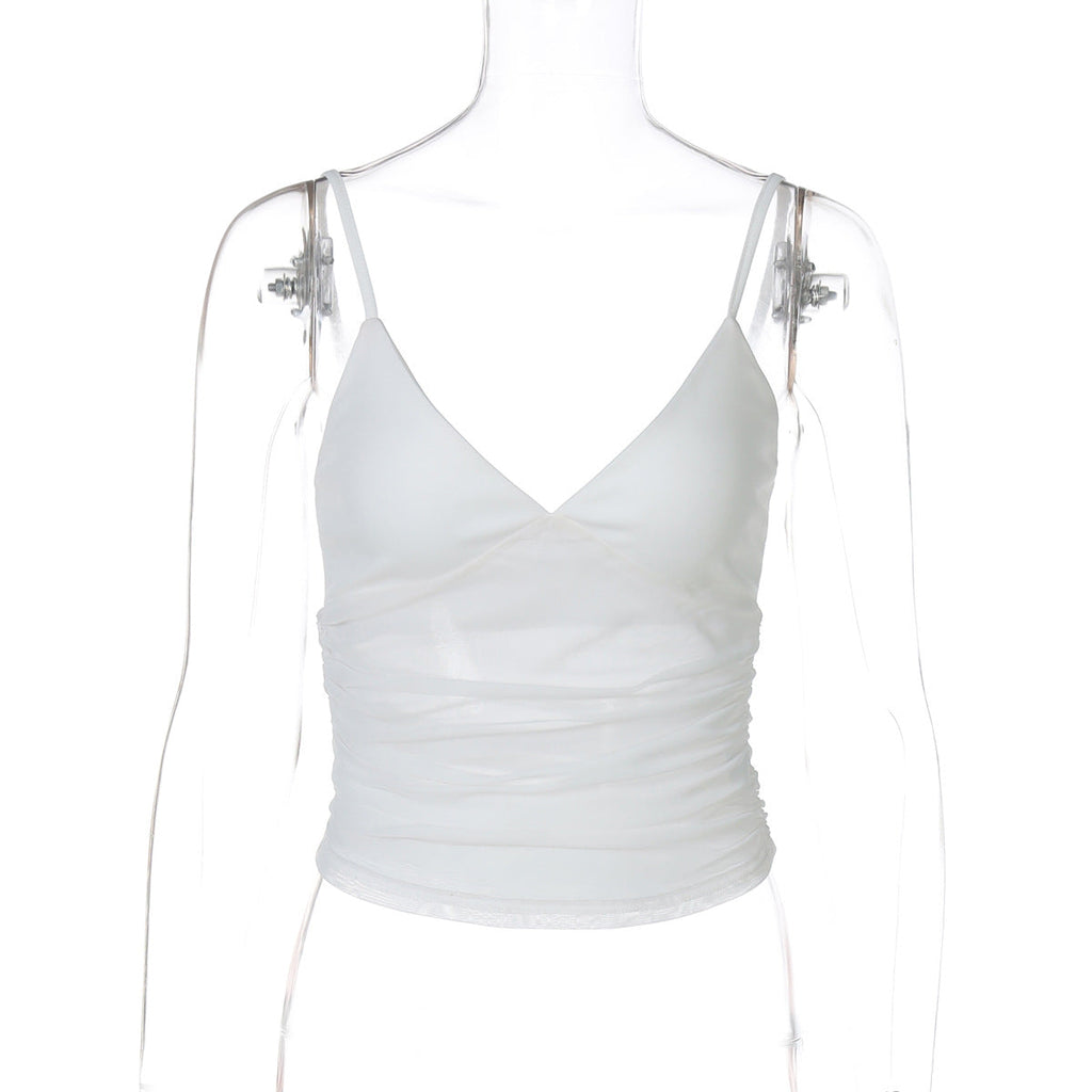 Damen Spaghetti-Träger Blusenoberteil mit transparenter Drapierung