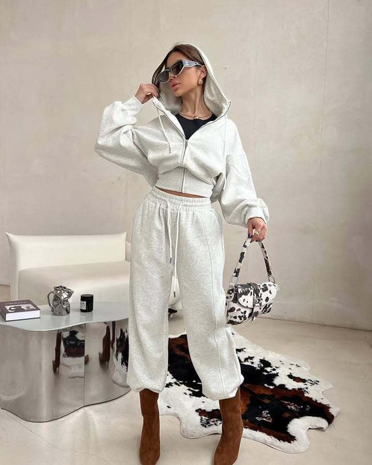 Damen kurzes Kapuzen-Sweatjacke mit Balloonärmeln und elastischer High-Waist Palazzo-Freizeithose Shop Nory