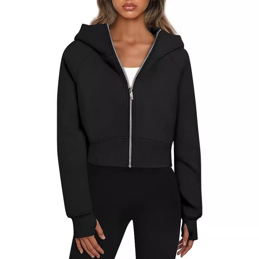 Damen Kurz geschnittener Performance-Kapuzenpullover mit durchgehendem Reißverschluss und Daumenlochbündchen Shop Nory