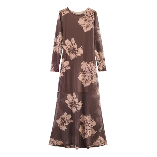 Damen Maxikleid mit semi-transparentem Mesh-Overlay, langen Ärmeln und ausgestellter A-Linie Shop Nory
