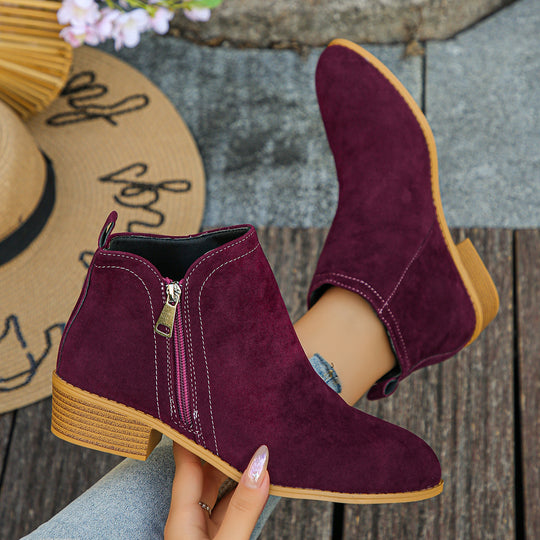 Damen elegante Ankle-Boots aus Velourslederimitat mit seitlichem Reißverschluss und niedrigem Blockabsatz Shop Nory