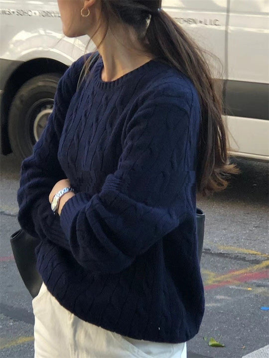 Damen Kastiger Kabelstrick‑Pullover mit Rundhals, extraweichem Wollmix und gerippten Bündchen Shop Nory