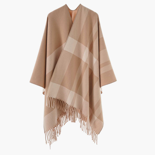 Damen Großkaro-Capeponcho aus Wollmix mit Fransen und offenem Kragen Shop Nory
