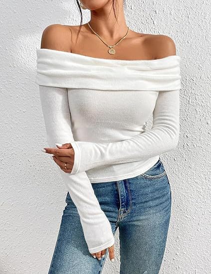 Damen Figurbetontes Schulterfreies Langarm Feinstrickshirt mit Carmenausschnitt Shop Nory