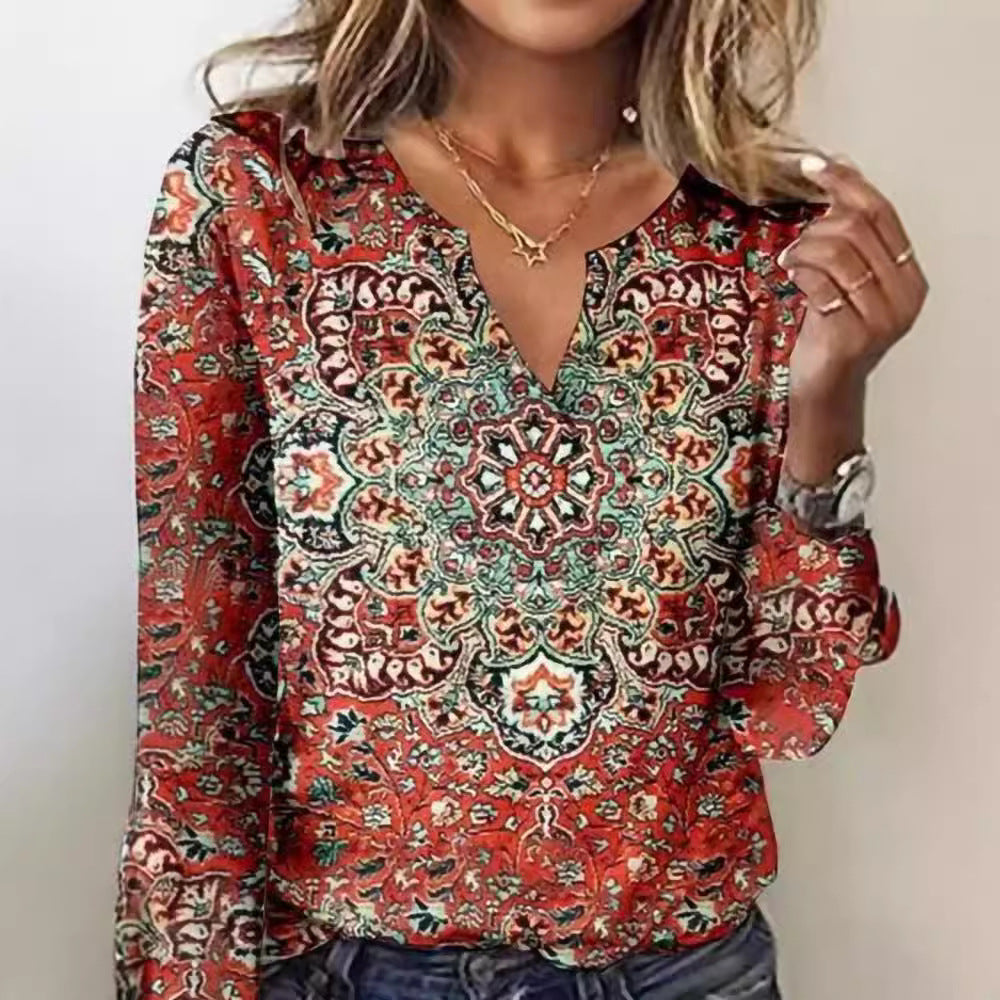Damen Langarm-Bluse mit ornamentalem Mandala-Print und V-Ausschnitt Shop Nory