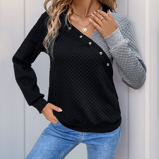 Damen Stepp-Sweatshirt mit asymmetrischem Revers, Zierdruckknöpfen und Colorblock-Ärmeln Shop Nory