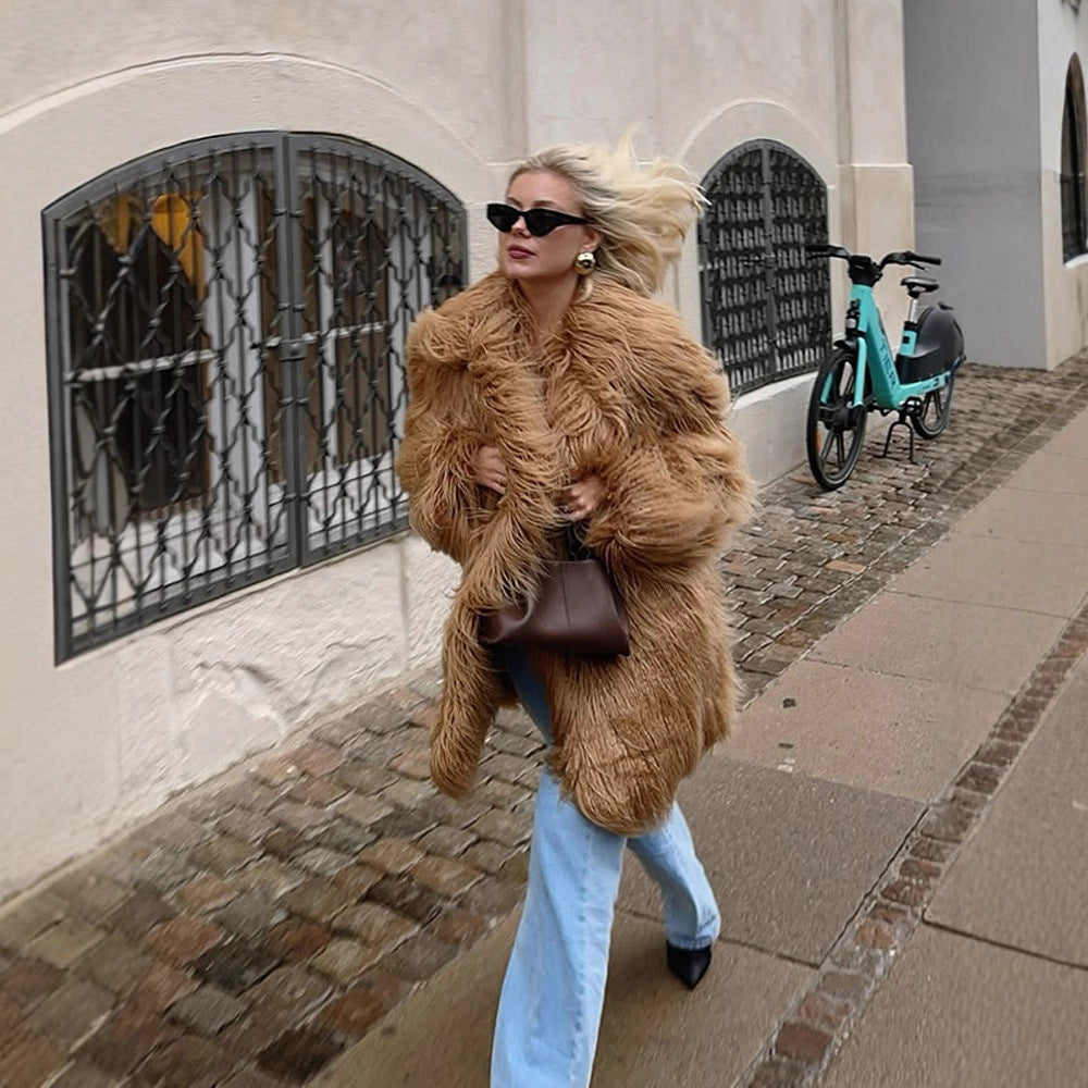 Damen Oversize Shaggy‑Kunstpelz‑Mantel mit langer Florstruktur und verdeckter Knopfleiste Shop Nory