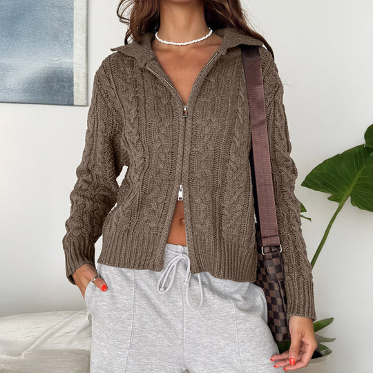 Damen nan verkürzte Zopfmuster Strickjacke mit durchgehendem Reißverschluss und Stehkragen Shop Nory