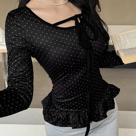 Damen nan tailliertes Longsleeve mit Rüschensaum, Tunnelzug und feinem Punktmuster Shop Nory