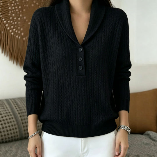 Damen Strickpullover mit Schalkragen, Zopfmuster und Knopfleiste Shop Nory