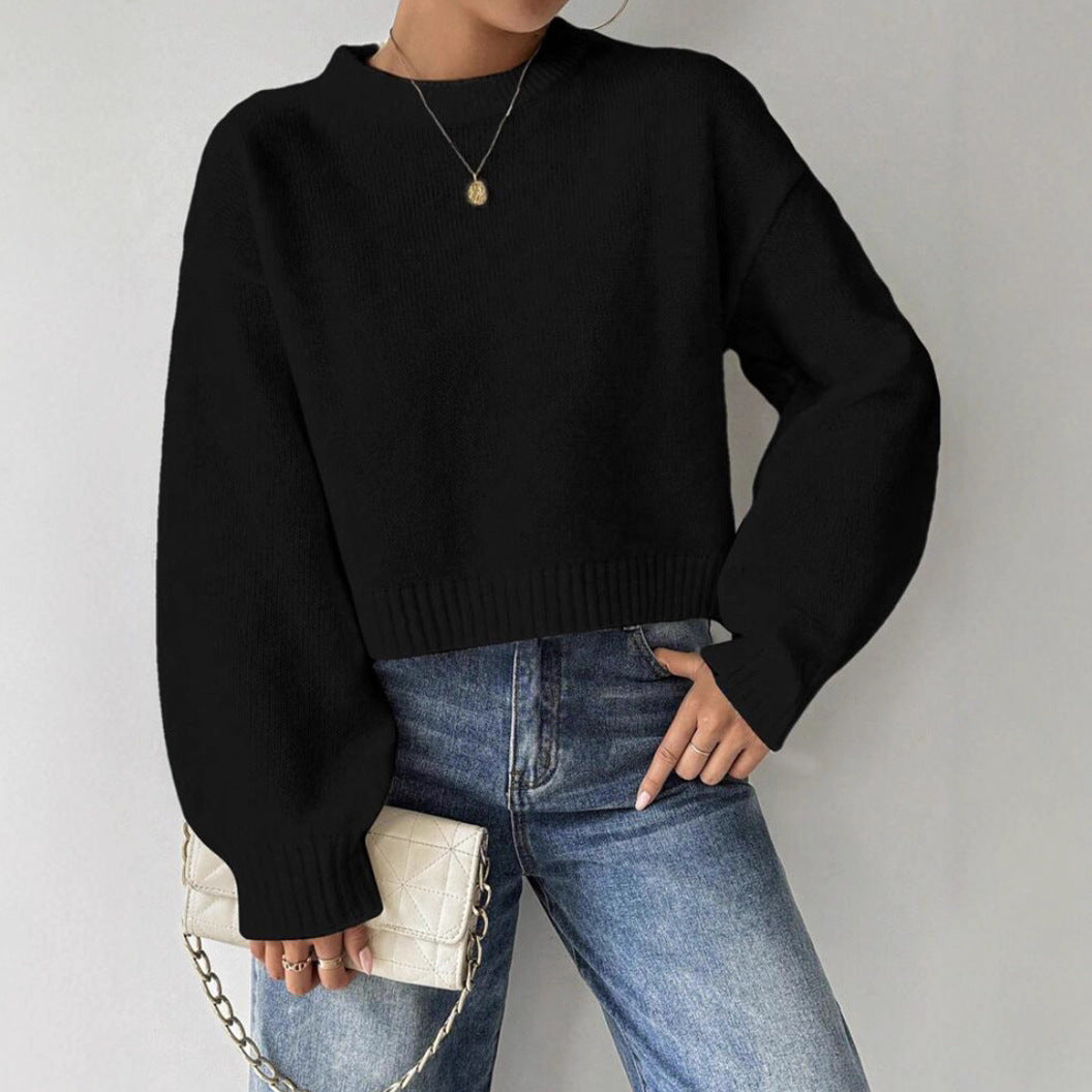 Damen Kurz-Cropped Pullover aus feinem Strick mit Ballonärmeln und geripptem Bund Shop Nory