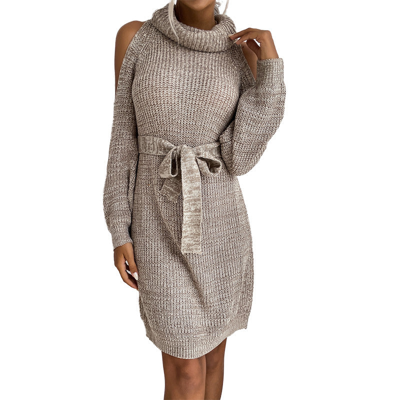 Damen Schulterfreies Rollkragen-Strickkleid mit Taillengürtel Shop Nory
