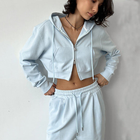 Damen kurzes Zip-Kapuzenjacken- und High-Waist Wide-Leg Jogginghose Set aus weichem French Terry Shop Nory