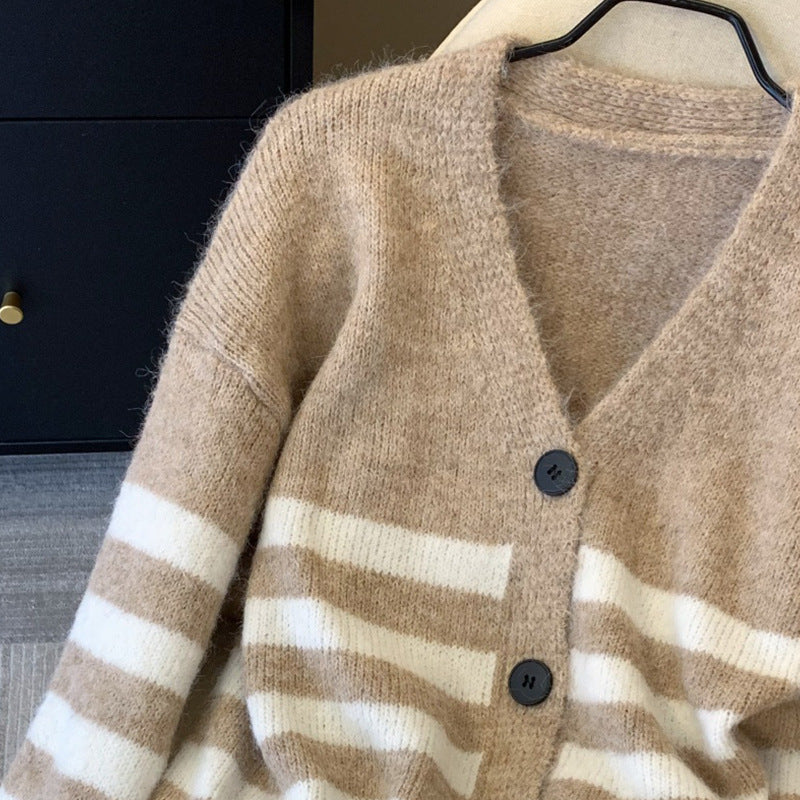 Damen Gemütlicher Strickcardigan mit V-Ausschnitt und Streifen Shop Nory