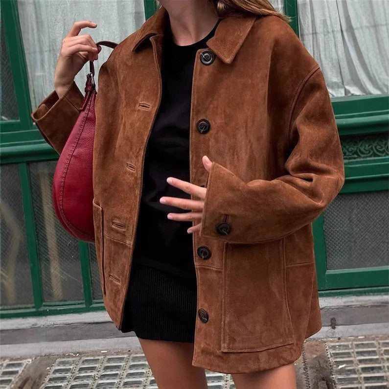 Damen Velourslederjacke mit weitem Schnitt, Hemdkragen und aufgesetzten Taschen Shop Nory