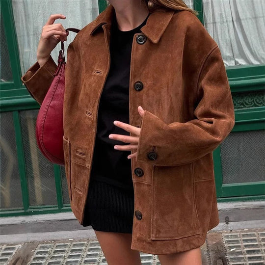 Damen Velourslederjacke mit weitem Schnitt, Hemdkragen und aufgesetzten Taschen Shop Nory