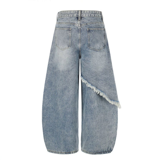Damen High‑Waist weite Palazzo-Jeans mit asymmetrischem Fransen-Detail und Strassapplikation Shop Nory