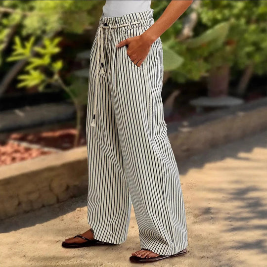 Damen Leichte Leinenoptik Palazzo‑Hose mit Gummibund, Kordelzug und senkrechtem Streifenmuster Shop Nory
