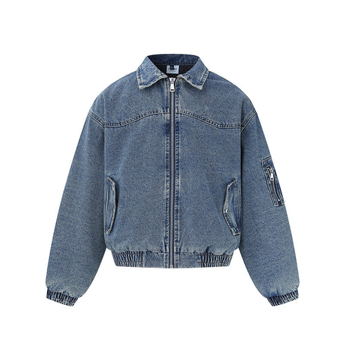 Unisex Boxy Denim‑Blousonjacke mit durchgehendem Reißverschluss, elastischem Saum und Ärmelutilitytasche Shop Nory
