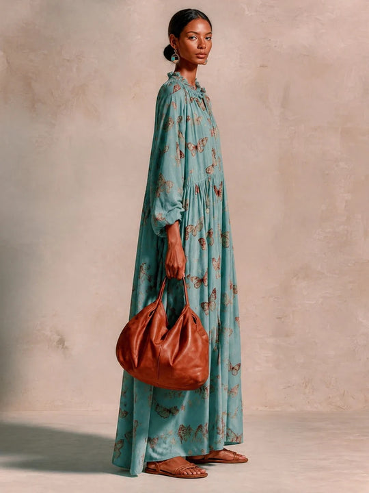 Damen Maxikleid im Boho-Caftan-Stil mit Schmetterlingsprint und geraffter Empire‑Taillen Shop Nory