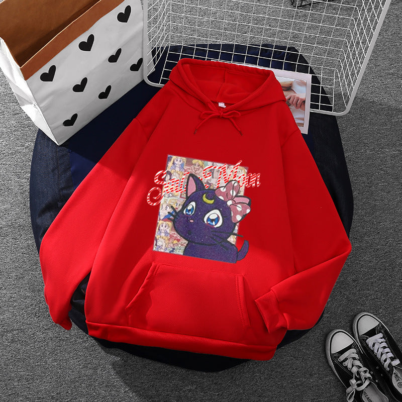 Damen nan Oversize-Kapuzenpullover mit glitzerndem Anime-Katzen-Motiv, Kängurutasche und weichem Fleece-Innenfutter Shop Nory