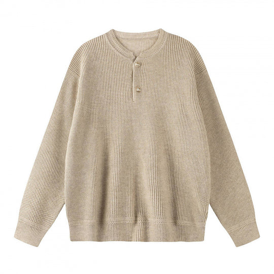 Unisex Boxy-Strickpullover mit Henley-Ausschnitt und strukturierter Waffelstrickoptik Shop Nory