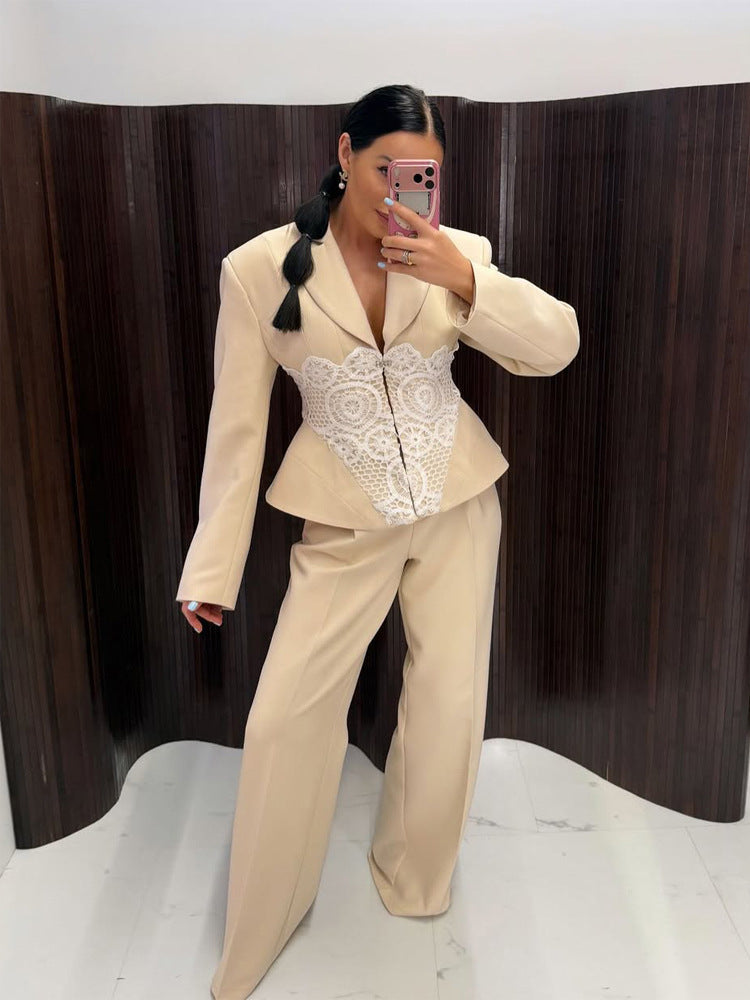 Damen Zweiteiliges Anzugset mit tailliertem Blazer, Spitzen‑Corsage und weiter Palazzohose Shop Nory