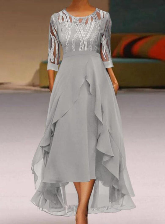 Damen nan edles Chiffon-Abendkleid mit besticktem Tülloberteil, Dreiviertelärmeln und asymmetrischem Stufen-Saum Shopnory