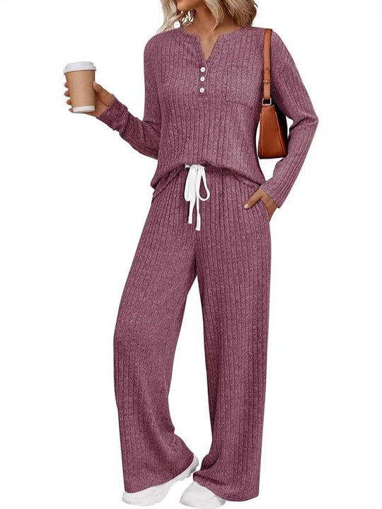 Damen Rippstrick-Lounge-Set mit Knopfleiste und weitem Kordelbund-Hose Shop Nory