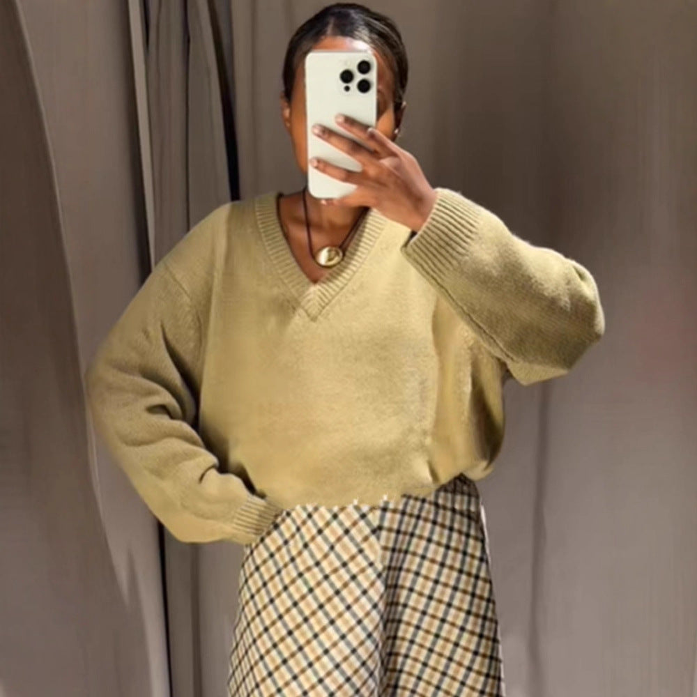 Damen Oversized V-Ausschnitt Strickpullover mit geripptem Saum Shop Nory