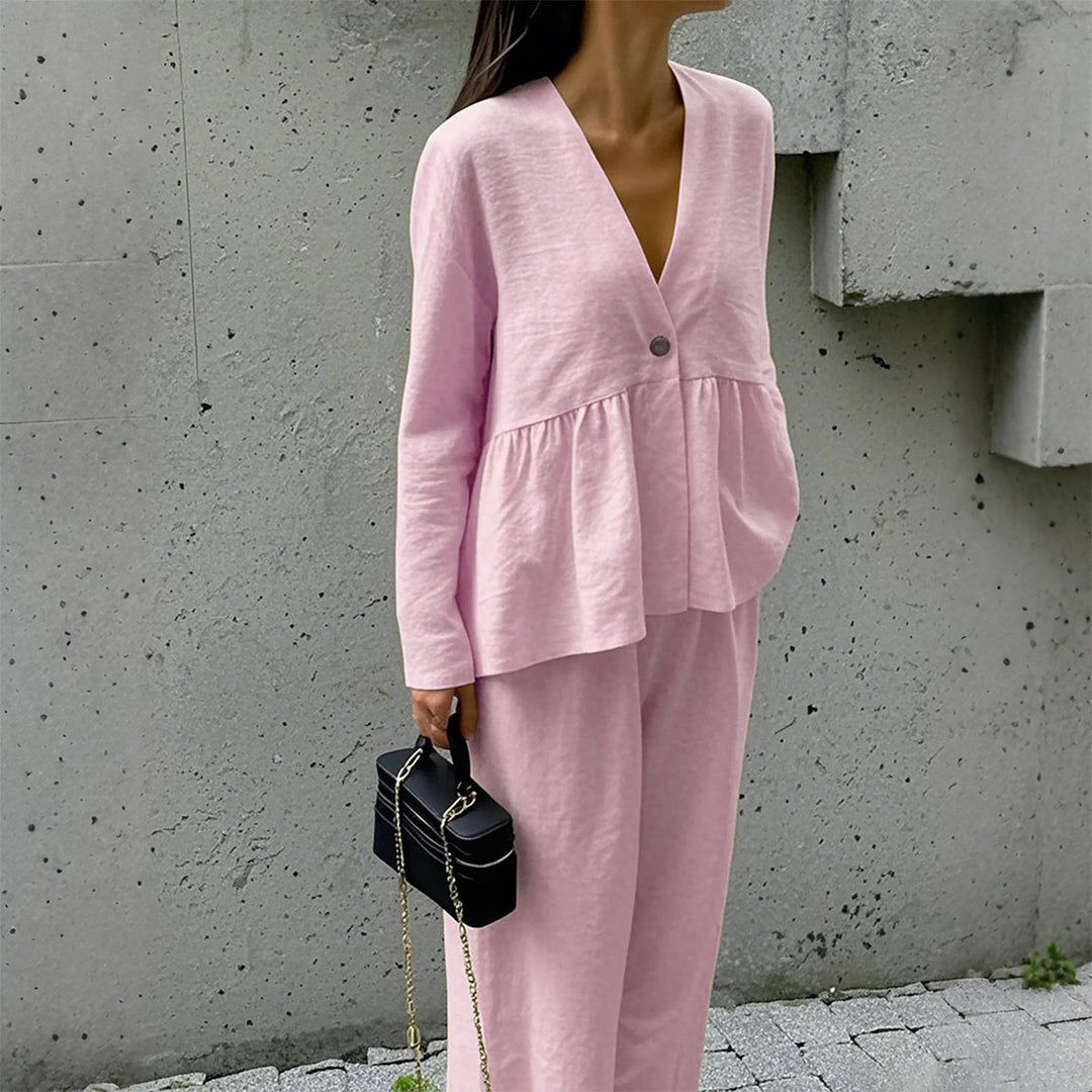 Damen nan legeres Leinenmix-Zweiteiler mit V-Ausschnitt Peplum-Bluse, Einknopfleiste und weitem Palazzo-Hosenbein Shop Nory