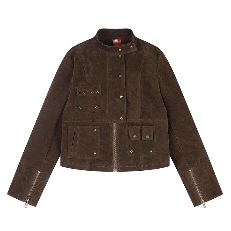 Damen kurze Wildleder-Utilityjacke mit Stehkragen, Mehrfachtaschen und Reißverschluss Shop Nory