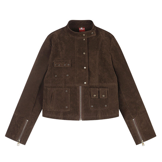 Damen kurze Wildleder-Utilityjacke mit Stehkragen, Mehrfachtaschen und Reißverschluss Shop Nory
