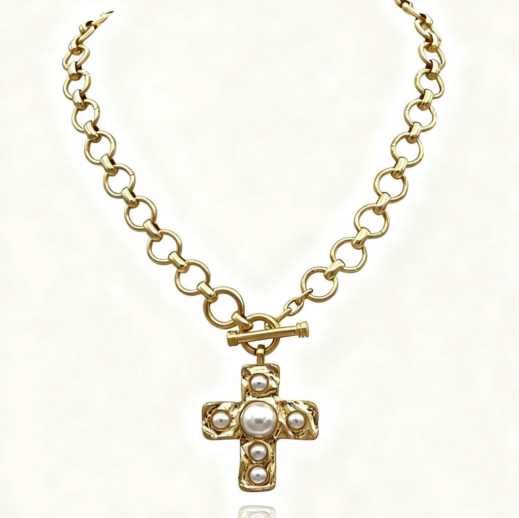 Damen Halskette mit elegantem Kreuzanhänger und Perlendetails Shop Nory