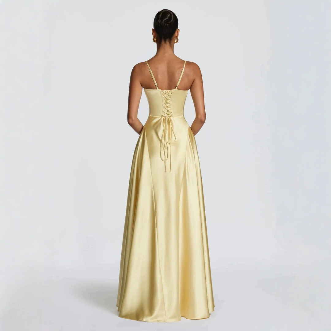Damen elegantes Satin-Maxikleid mit raffinierten Spaghettiträgern