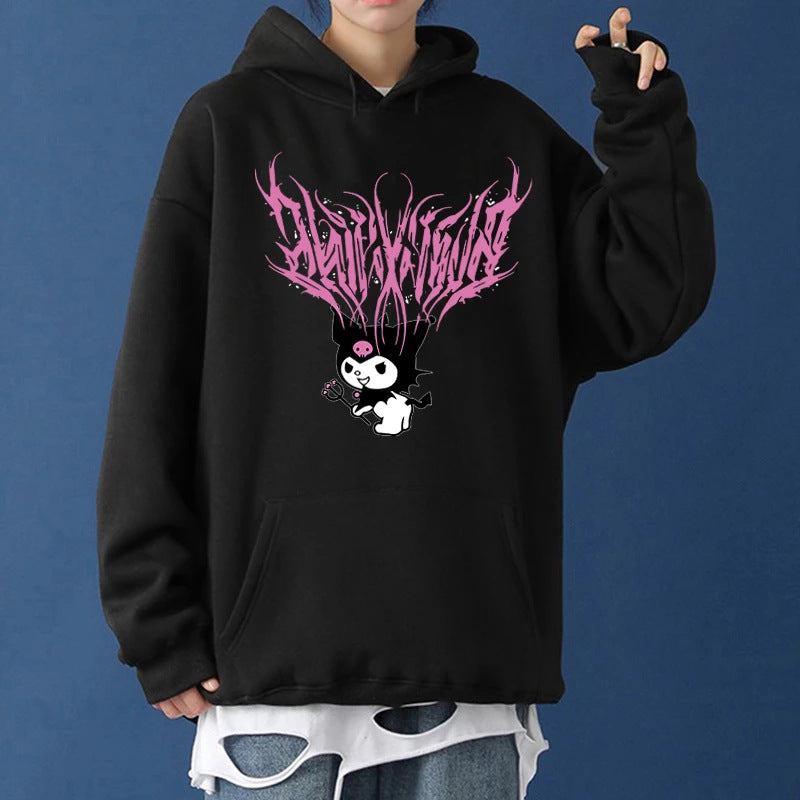 Damen nan lockeres Kapuzensweatshirt aus angerautem Fleece mit Kängurutasche und kawaii-Charakter-Print Shop Nory