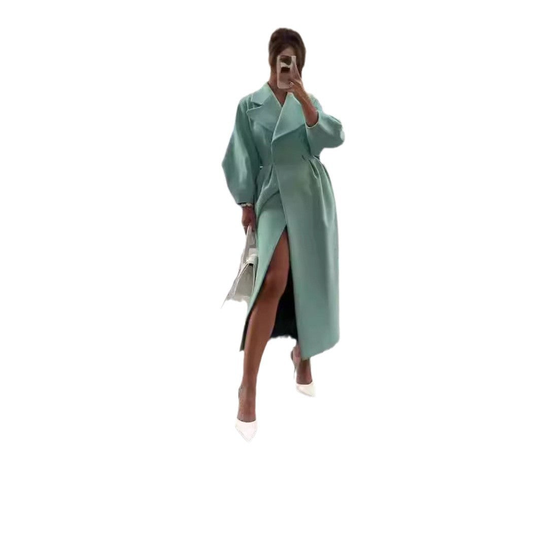 Damen nan taillierter Doppelreihiger Trenchcoat mit weitem Ärmel und hohem Beinschlitz Shop Nory