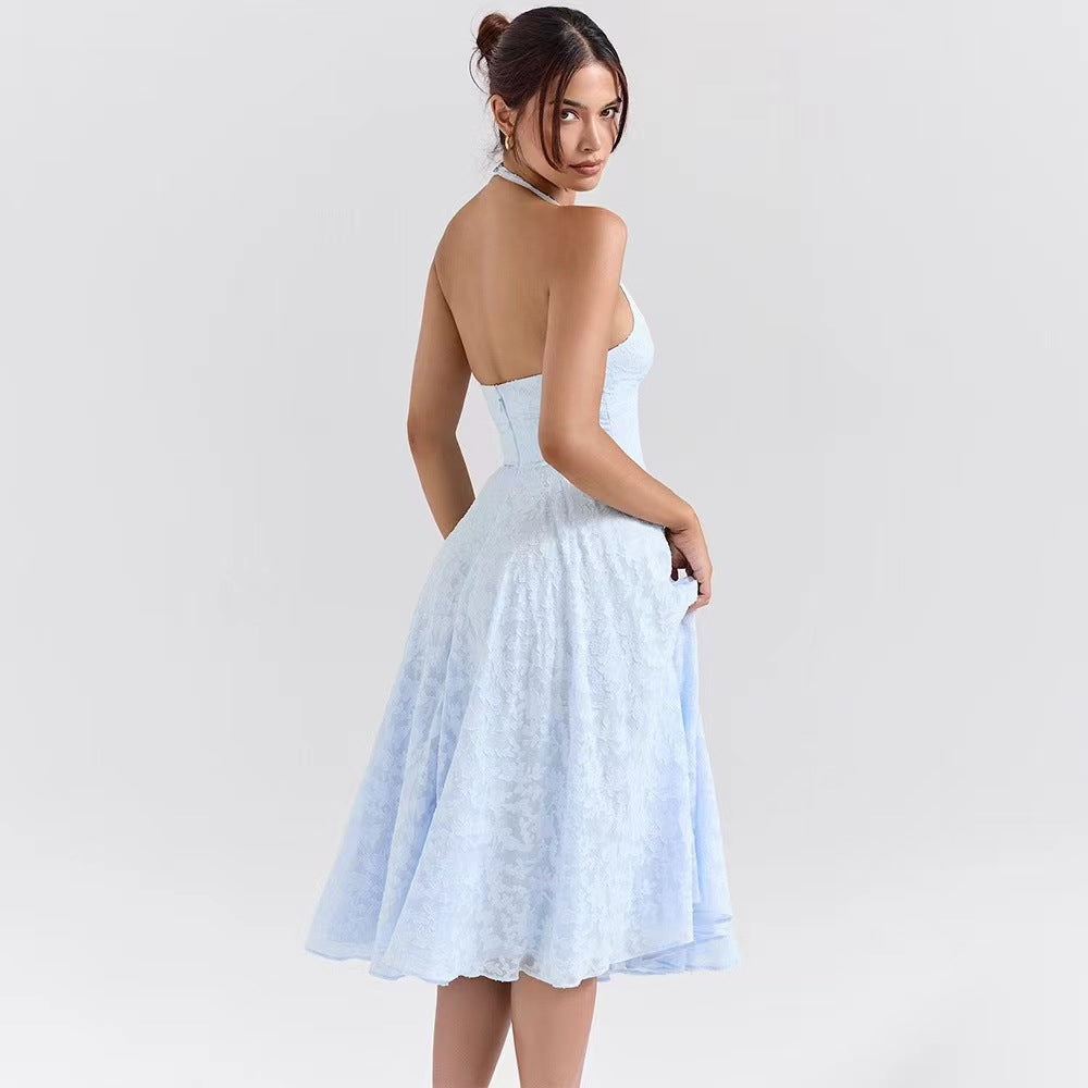 Damen Elegantes Midikleid mit tiefem V-Ausschnitt und schwingendem Rock