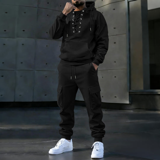 Herren Kapuzenpullover mit markanter Vorderschnürung, Kängurutasche und elastischen Bündchen Shop Nory