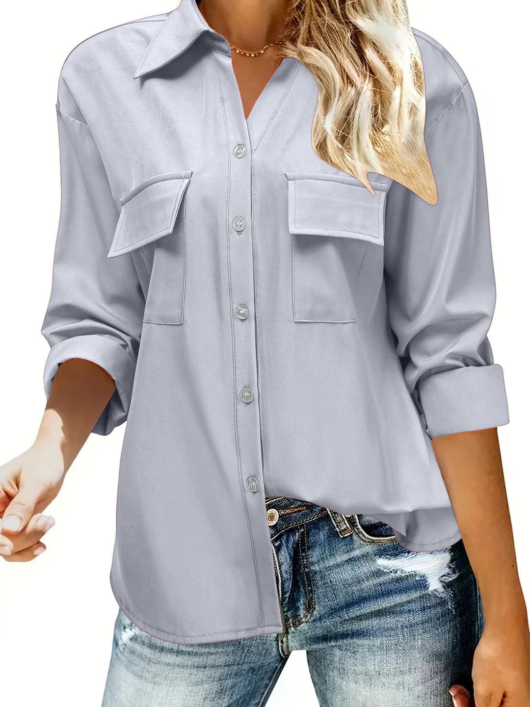 Damen Oversize-Hemdbluse mit Pattentaschen, durchgehender Knopfleiste und umgeschlagenen Ärmeln Shop Nory