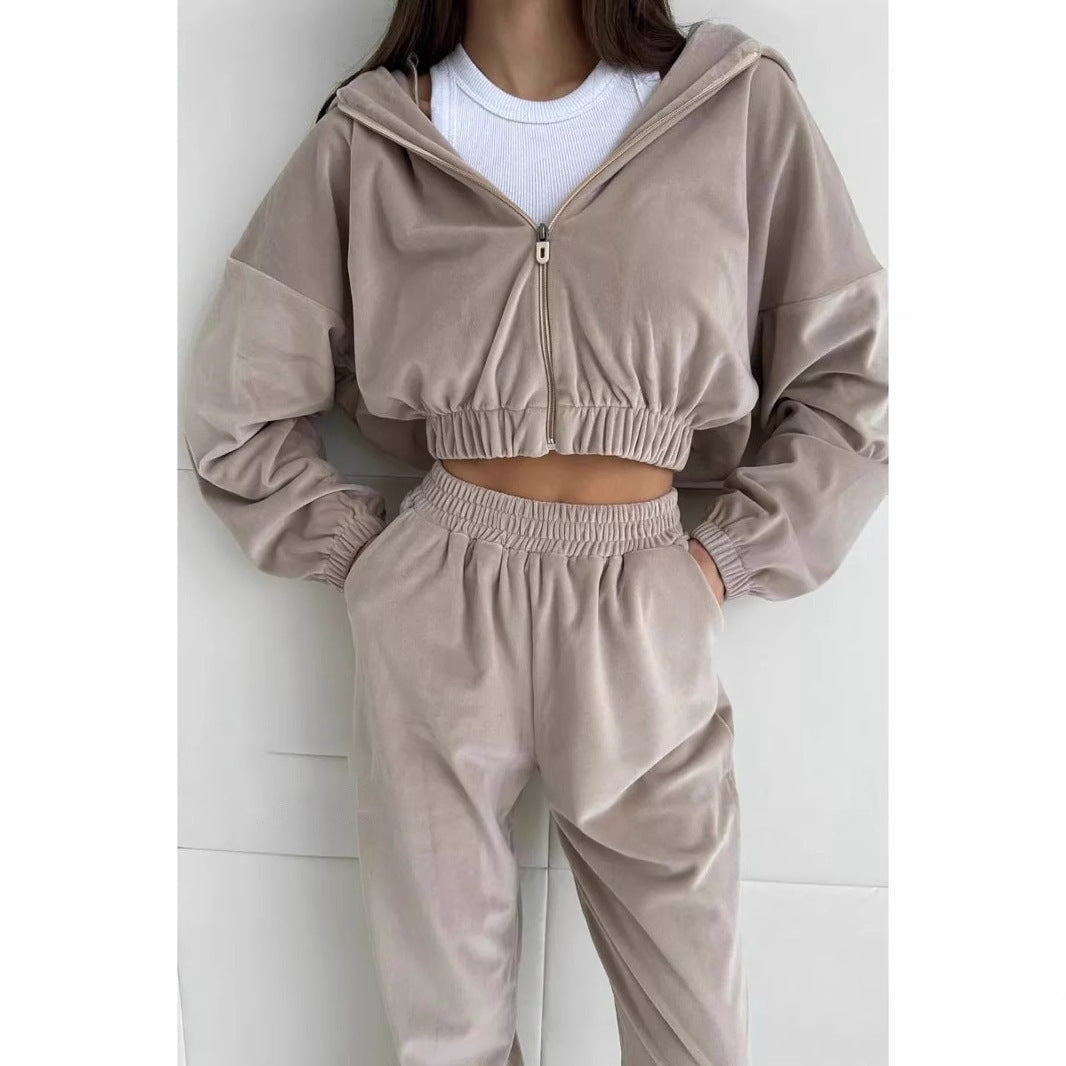 Damen luxuriöser Samt-Trainingsanzug mit geraffter Bomberjacke und High-Waist Jogginghose Shop Nory