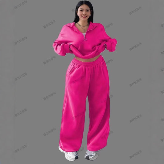 Damen Cropped Oversize-Sweatshirt mit halbem Reißverschluss und weite High-Waist Jogginghose Set Shop Nory