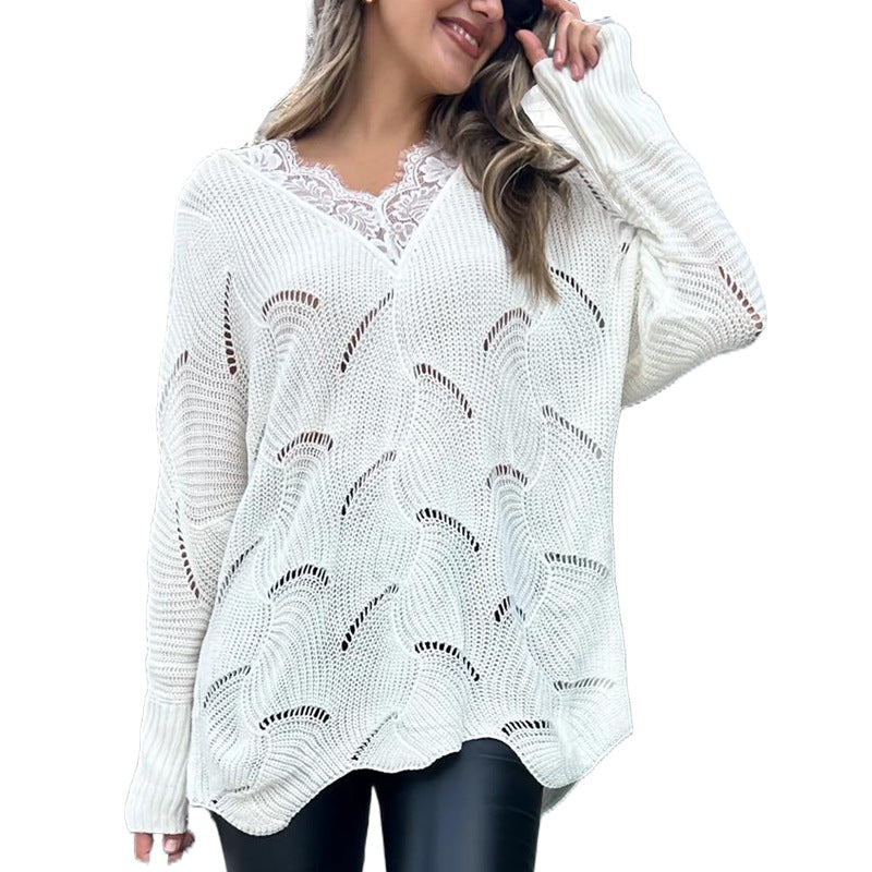 Damen Oversize-Strickpullover mit V-Ausschnitt und Spitzeneinsatz Shop Nory