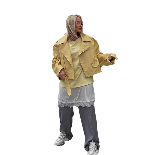 Damen Oversize-Bikerjacke aus veganem Lederimitat mit großem Revers und Taillengürtel Shop Nory