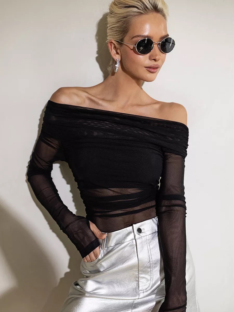 Damen Off-Shoulder Langarmshirt aus leicht transparentem Stoff mit raffiniertem Drapierungseffekt