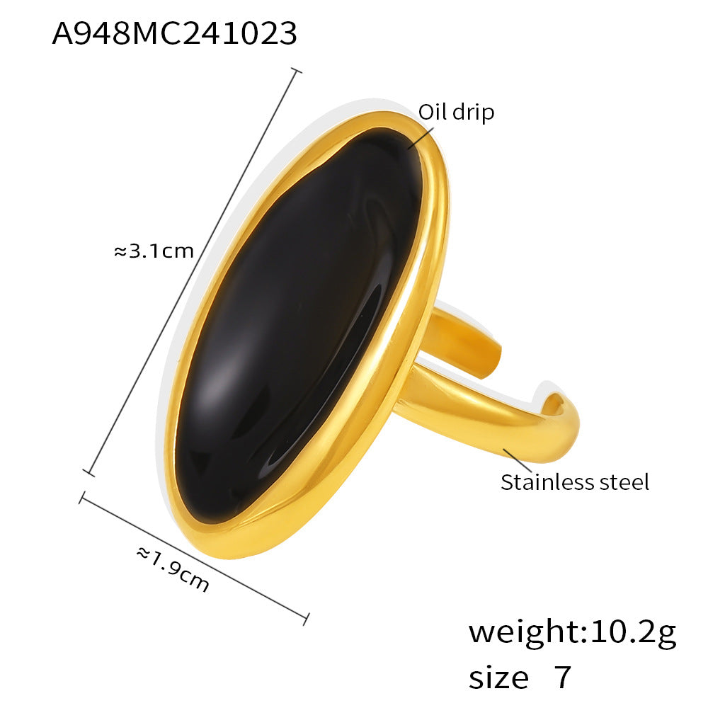 Damenring mit modernem ovalen Design aus Edelstahl und elegantem schwarzen Stein Shop Nory