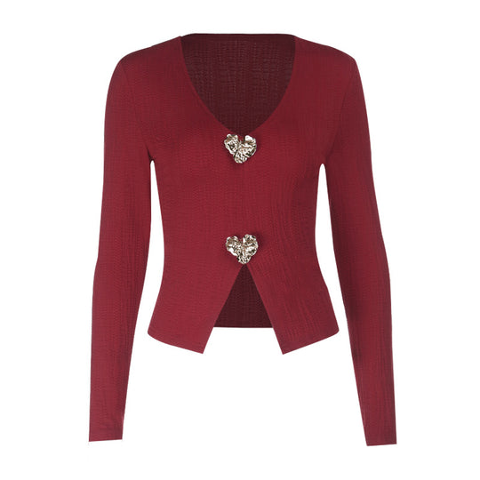 Damen taillierter Feinstrick-Cardigan mit tiefem V-Ausschnitt und dekorativen Herzbroschen Shop Nory